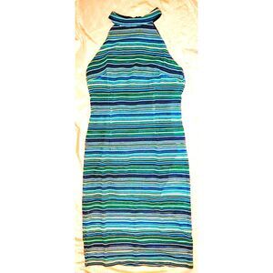 NWT London Times Crochet Dress Midi Length Size 16 Blue Stripes Halter